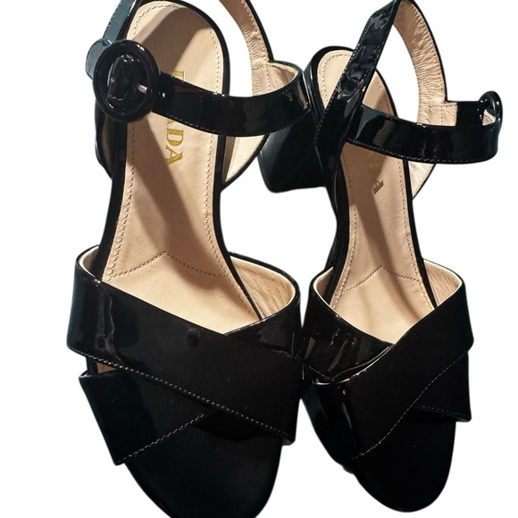 Prada Patent Leather Block Heel Platform Sandals Black US Size 5 - Picture 2 of 8